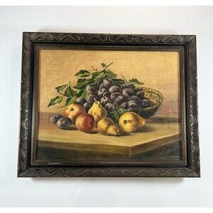 Still Life Fruit‎ Painting Acrylic On Canvas Framed VTG Apples Pears & Plums